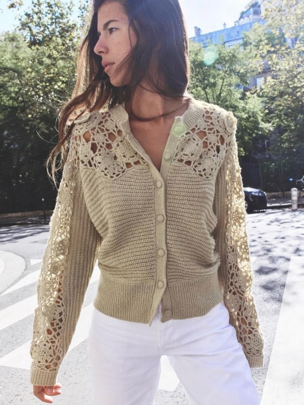 Zara Cream Crochet Yoke Button-Front Cardigan